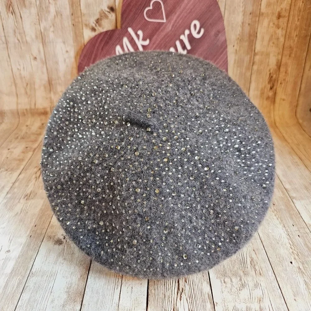 Women's rhinestone gray wool beret hat